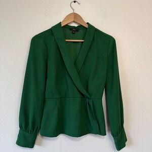J. Crew Emerald Green‎ Faux Wrap Peplum Blouse Size 4 Long Sleeve
